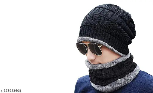 Woolen unisex beanie (skull cap) with neck warmer & glove - soft wool, autumn-winter essential