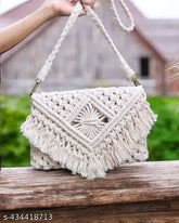 Exquisite handwoven macrame bag, sustainable fabric, boho style, 1 compartment, embroidered net, free size (8in x 10in x 1in), India origin