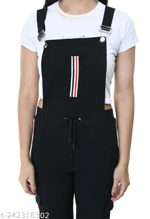 Black cotton blend sleeveless dungaree for women, solid design on mannequin