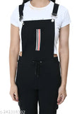 Black cotton blend sleeveless dungaree for women, solid design on mannequin