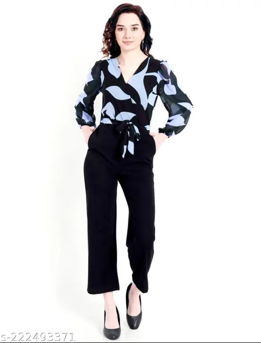 Printed georgette jumpsuit for women, long sleeves, vibrant pattern, size XS (34-30-52). Indian clothing for women on hanger