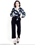 Printed georgette jumpsuit for women, long sleeves, vibrant pattern, size XS (34-30-52). Indian clothing for women on hanger
