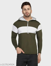 Olive green and white cotton blend men's color block hoodie, stylish long sleeves with hooded neckline, perfect for casual wear or layering