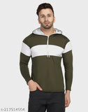 Olive green and white cotton blend men's color blocked hoodie, comfortable fit with long sleeves