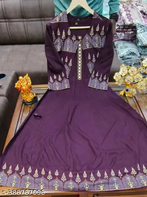 Rayon plain Anarkali kurti with printed jacket, three-quarter sleeves, Indian fashion, size M-6XL