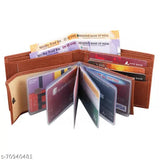 Faux leather tan wallet with 3 card slots and 6 pockets, perfect for travel essentials
