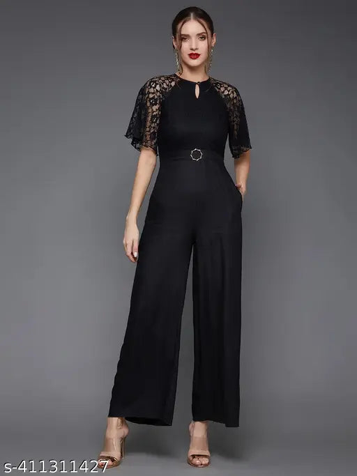 Black viscose rayon women's flared sleeve floral raglan jumpsuit with round neck, self-design net pattern, short sleeves, zip back closure, 2 side pockets, straight hemline