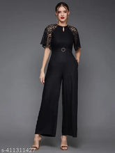 Black viscose rayon women's flared sleeve floral raglan jumpsuit with round neck, self-design net pattern, short sleeves, zip back closure, 2 side pockets, straight hemline