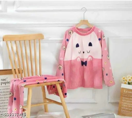 Pink woolen regular nightsuit with floral print, perfect for winter wear