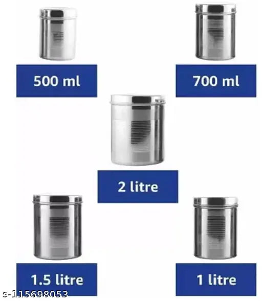 Tactware stainless steel dabba set: Airtight storage jars for tea, sugar, and groceries, featuring a variety of sizes - 500ml, 750ml, 1000ml, 1500ml, 2000ml. Made in India