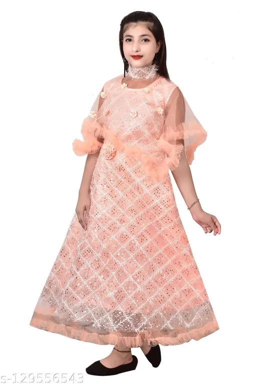 Three-Quarter sleeve net western partywear gown for girls (10-11, 12-13 years), solid pattern, India origin