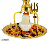 Brass Shivling stand, Trishul, Loti, white marble - decorative Hindu idol (12CM brass, gold)