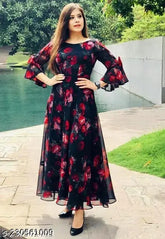Red and black Georgette maxi dress, size 7XL-9XL, digital printed with heavy American crêpe lining, exclusive designer one-piece gown
