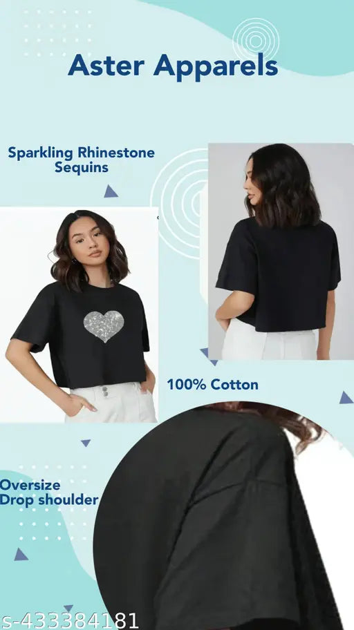 Black oversized-crop t-shirt with sparkling rhinestones for women, 100% cotton party wear