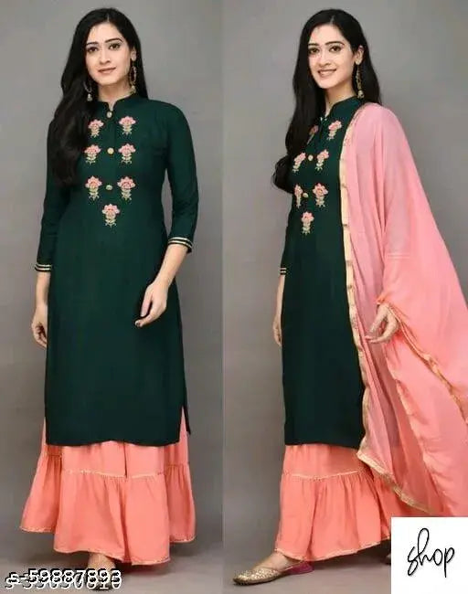 Voguish rayon women's kurta set, embroidered three-quarter sleeves with dupatta and bottomwear. XL size, Indian origin