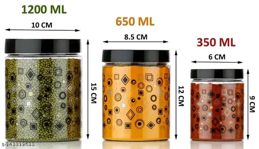 Premium black plastic kitchen containers (1200ML, 650ML, 350ML), airtight with included spoons for grocery storage