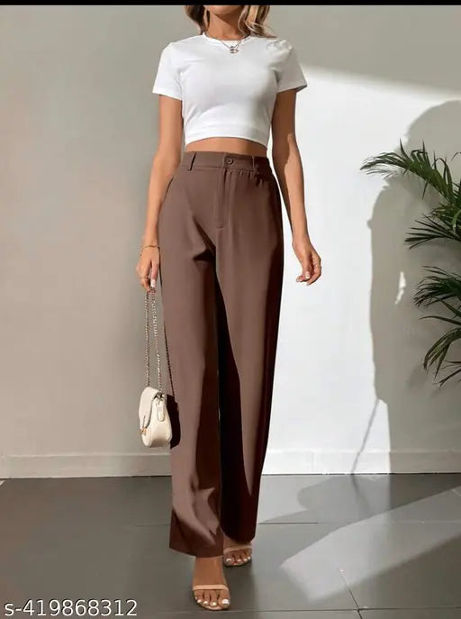 Brown viscose rayon women's trouser solid pattern, size S from India