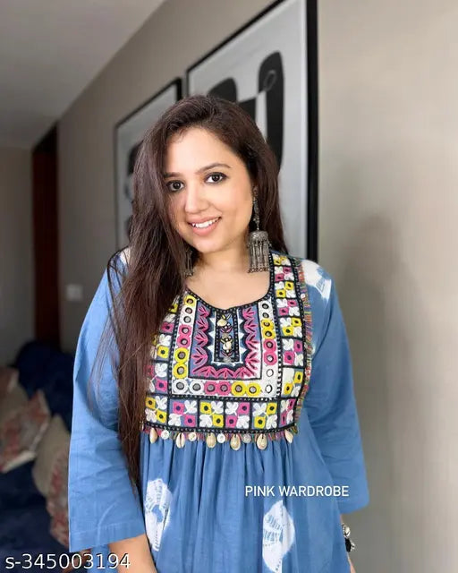 Cotton Bhandaj embroidery kurti & pant with three-quarter sleeves, beautiful Indian fashion