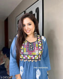 Cotton Bhandaj embroidery kurti & pant with three-quarter sleeves, beautiful Indian fashion