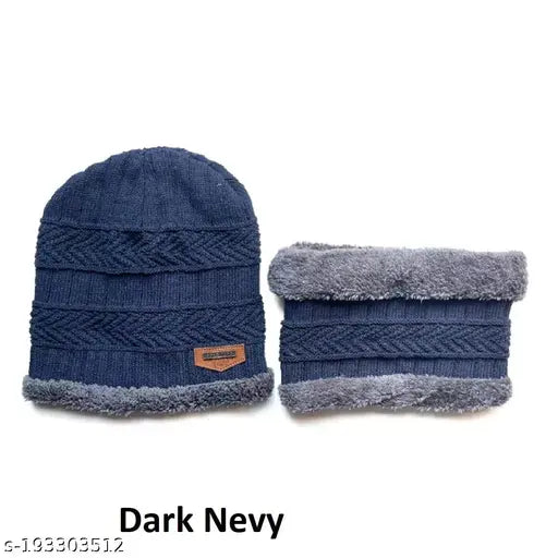 Blue wool beanie cap with neck warmer muffler, premium snow-proof and thick fleece lining