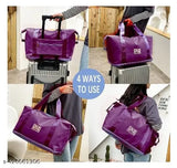 Purple foldable duffel bag, waterproof, lightweight, 3 compartments, great for travel, carry-on luggage, durable oxford nylon fabric