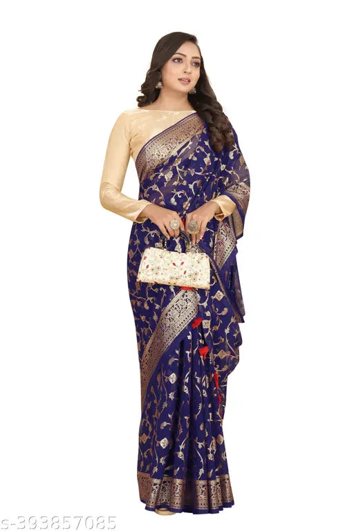 Navy Georgette saree with gold foil print, Pura Gerogette Suhani design on hanger