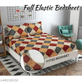 Super Soft Glace Cotton Elastic Double Bed Sheet Set, checked pattern, 2 pillow covers-72x78x8, perfect for summer