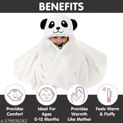 White fleece hooded animal-design baby security blanket (86 x 82 CM), ideal for newborns during heavy winter. Soft, durable, and easy to wrap, perfect as a gift for new parents. Made in India