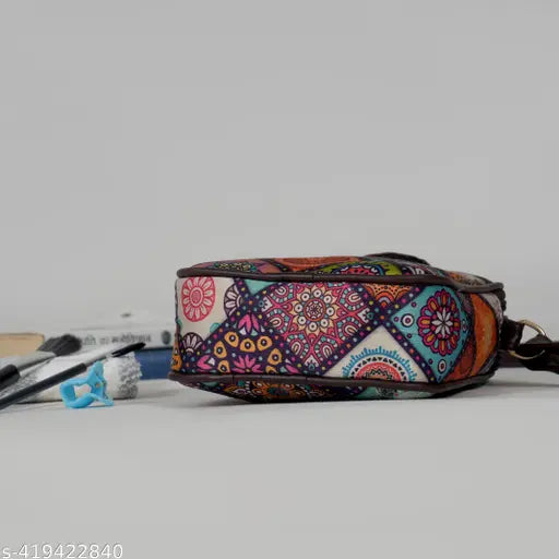 Cotton Floral Printed Sling Bag, adjustable for women's party wear or wedding events, 2 compartments, hand-worked, Indian origin