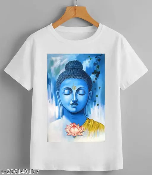 White polyester Buddha Boys God t-shirt, printed round neck with short sleeves