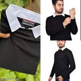Trendy designer men's long-sleeved cotton blend t-shirt, solid color, urban retro style with attached collar, size L (Chest 42in, Length 28in), made in India