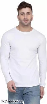 Men's White Striped Polyester Full Sleeves Round Neck T-Shirt, versatile essential for casual wardrobe