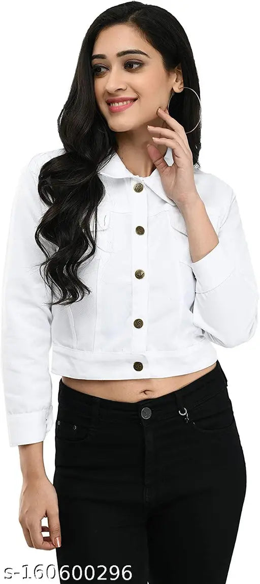 White denim jacket for women and girls, solid color with long sleeves