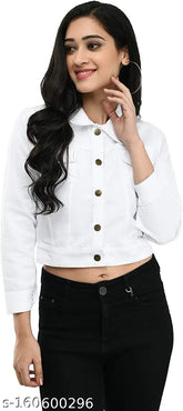 White denim jacket for women and girls, solid design in long sleeves, size options include S, M, L, XL. Denim jacket white color, suitable for casual wear
