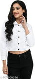 White denim jacket for women and girls, solid color with long sleeves