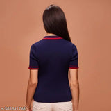 Navy blue cotton short sleeves women's solid polo t-shirt on hanger