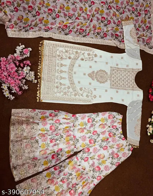 Heavy Faux Georgette Sharara Suit Set, Indian printed kurta with dupatta and bottomwear, free size (42 waist, 40 length)