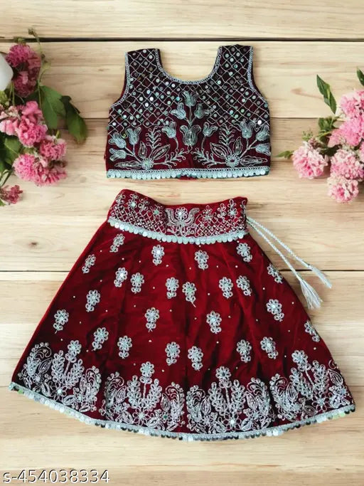 Embellished velvet lehenga choli set for kids party wear, trending ethnic wear without dupatta. 0-3 years, size waist 14 inches, length 17 inches