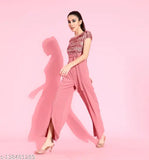 Embellished pink polyester v-neck jumpsuit, Miss Chase women's design with dusty pink fringe and sequins, Indian-made fashion for size XS, S, M, L, XL