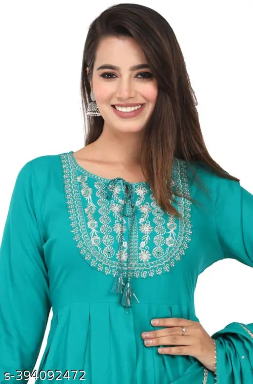 Sky Blue Rayon Rashi Verma Women's Kurta with Sharara and Dupatta Set - Embroidered, A-Line style, hand wash only