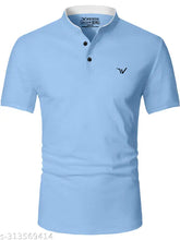 Mens casual wear polycotton Chinese collar t-shirt with short sleeves and printed pattern, size M (38in chest, 27in length)