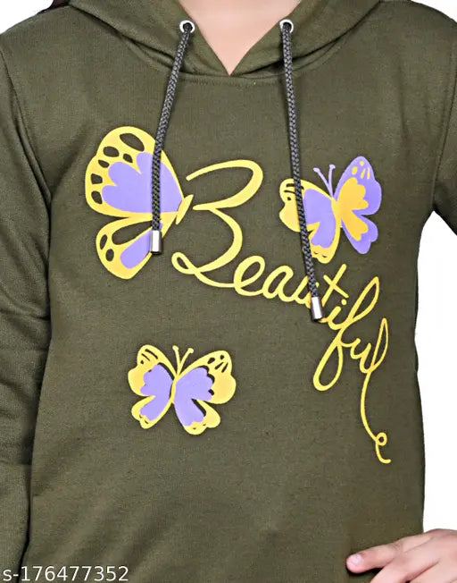 Green printed cotton casual hooded sweatshirt for girls with full sleeves and side pockets, ideal for stylish winter looks