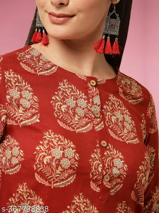 Rayon printed women's kurta set with Georgette dupatta, three-quarter sleeves, vibrant Indian fashion on mannequin