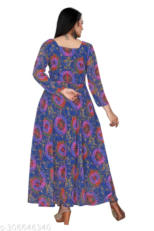 Bandhani Printed Women's Georgette Kurti, long sleeves, full flared anarkali style with square neck and big size availability, India origin