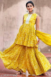Sleeveless cotton blend Bandhni printed Anarakali kurta sharara set with dupatta and bottomwear, single piece in vibrant Indian design