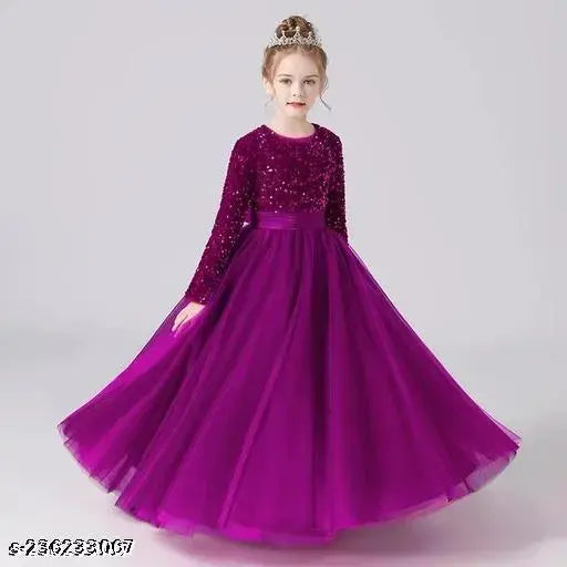 Pink net and sequin full-length gown dress with long sleeves, embroidered pattern, perfect for kids' occasions aged 5-16 years. Made in India