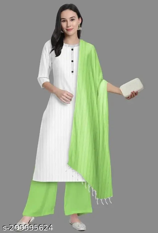 White and green cotton Palazzo set for women and girls, featuring solid-colored kurta and palazzos with matching dupatta
