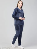 Navy Blue Velvet Women's Winter Suit Set with Sweashirt and Pyjama, soft velvet loungewear for Sleepwear, Active wear & Lounging