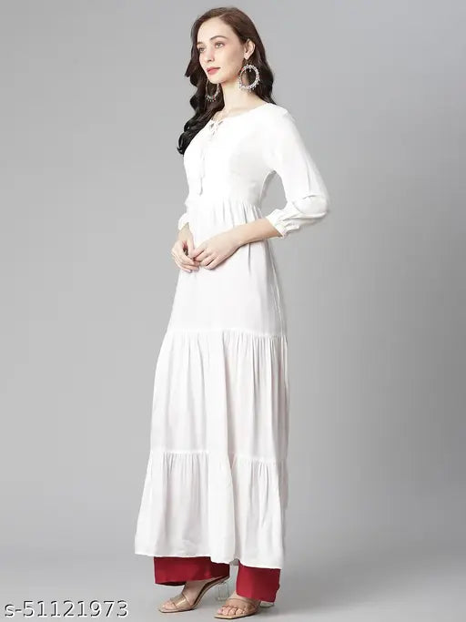 Off-white viscose rayon anarkali kurtis, three-quarter sleeves with tie, India-made stylish solid combo kurta for women XS-XXL