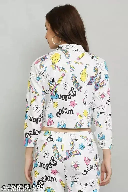 Denim long sleeves printed women's jacket, solid pattern, India origin